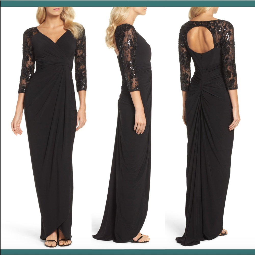 NWT Adrianna Papell Lace Sleeve Gathered Gown